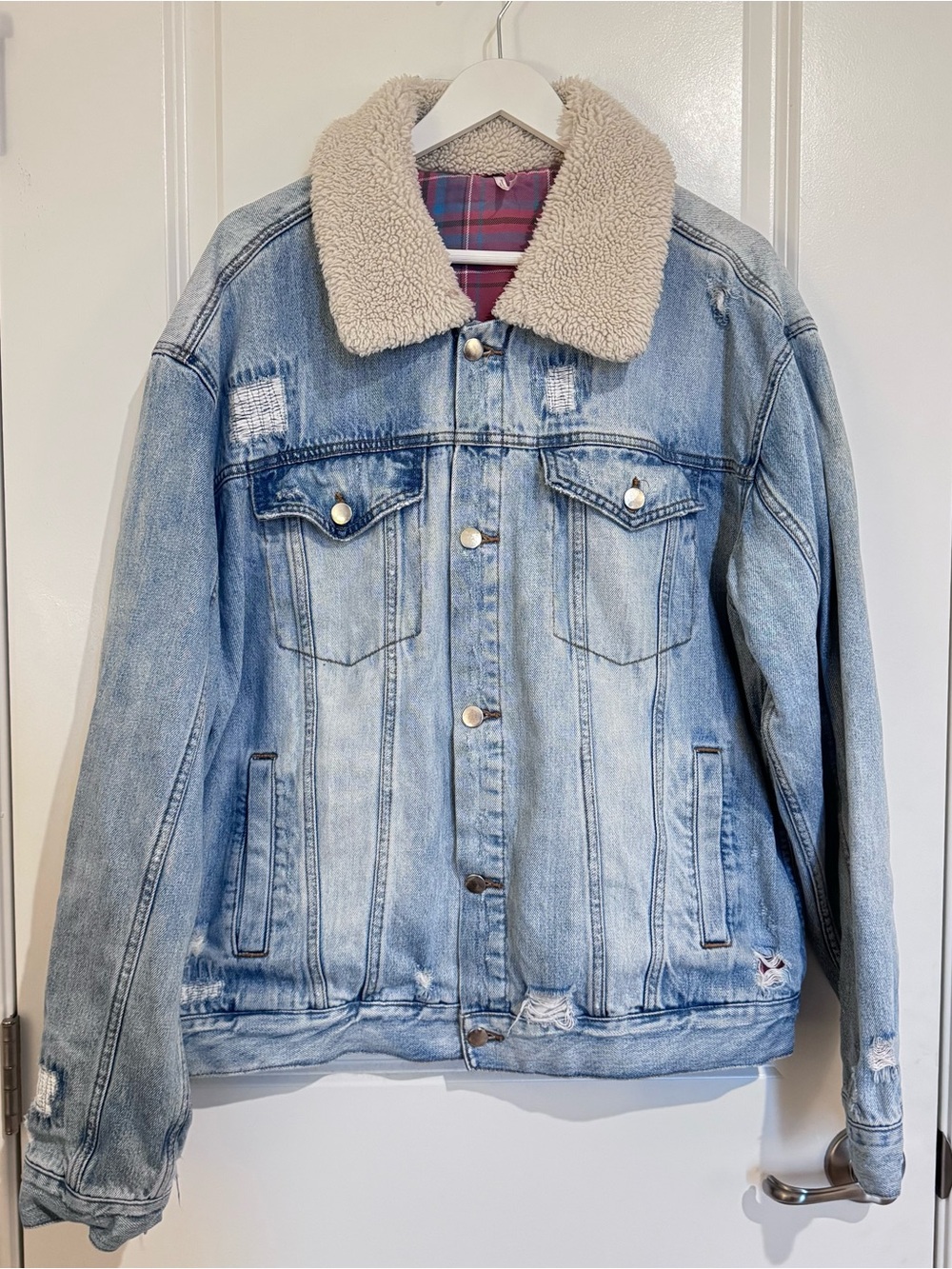 Free People Women’s Lg Sherpa Lined Denim Jacket Plaid Lining Blue Button Front
